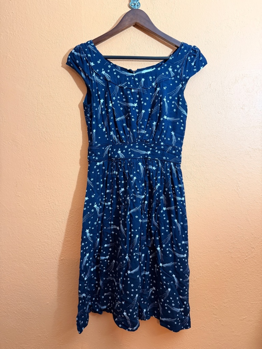 Star-Print Navy Midi Dress with Cap Sleeves